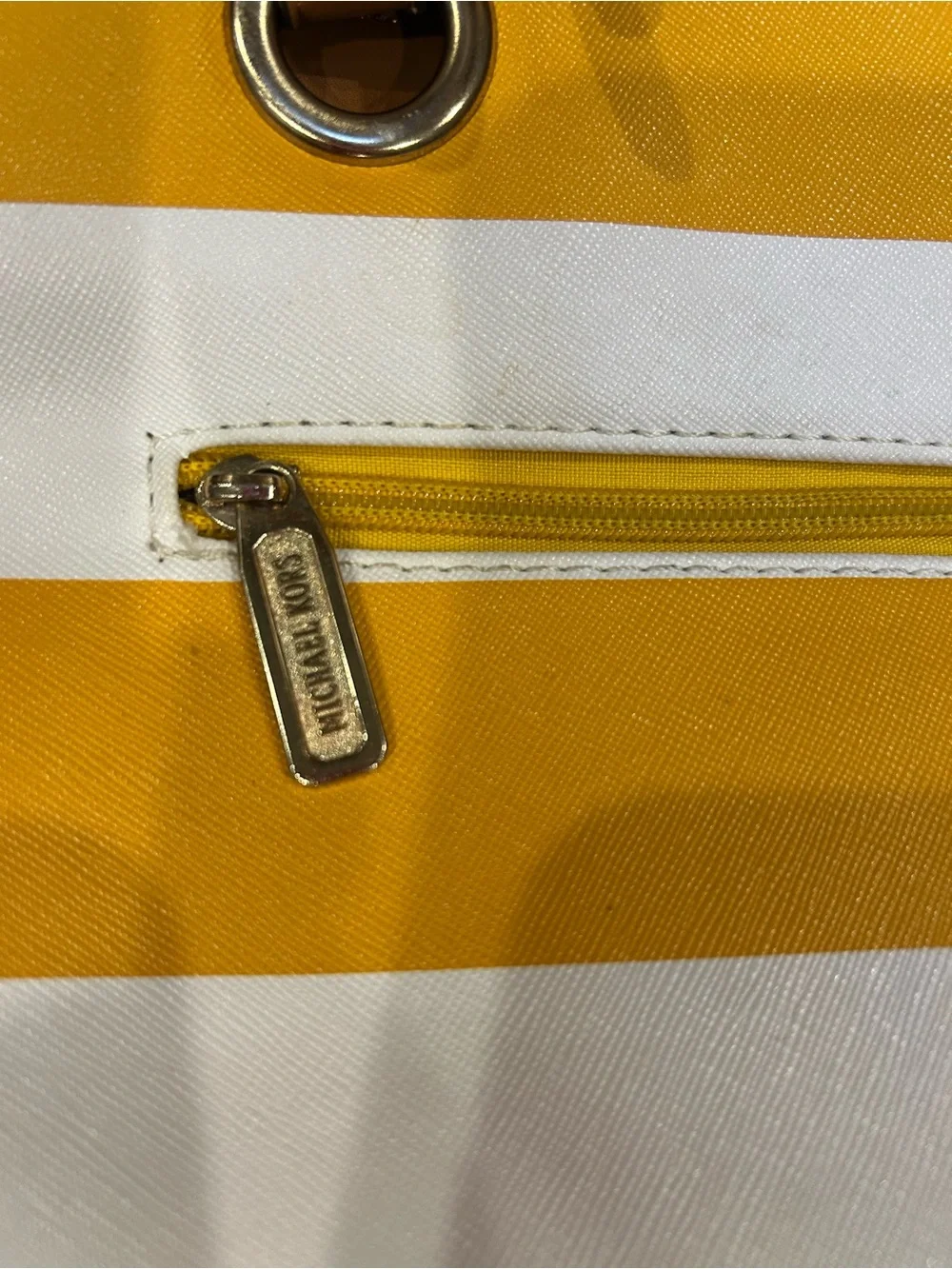 Michael Kors Yellow and White Striped Tote with Tan Leather Trim